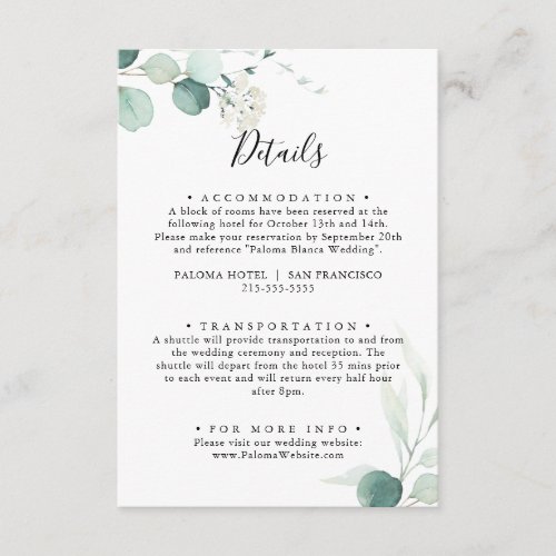 Summer Green Eucalyptus Foliage Wedding Details Enclosure Card