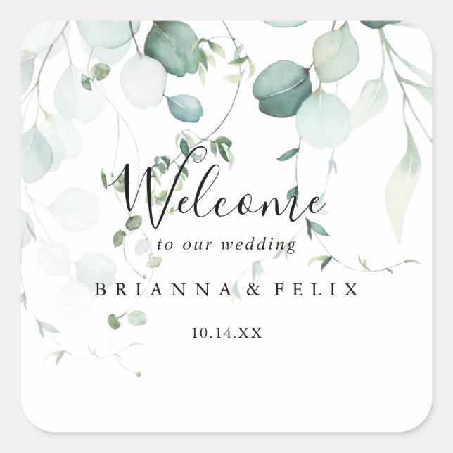 Summer Green Eucalyptus Foliage Wedding Welcome Square Sticker (Front)