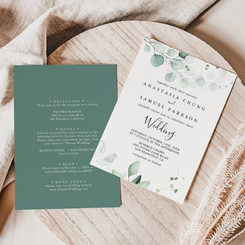 Summer Green Eucalyptus Front  Back Wedding Invitation
