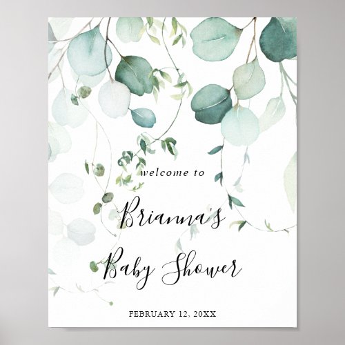 Summer Green Eucalyptus Leaf Baby Shower Welcome Poster