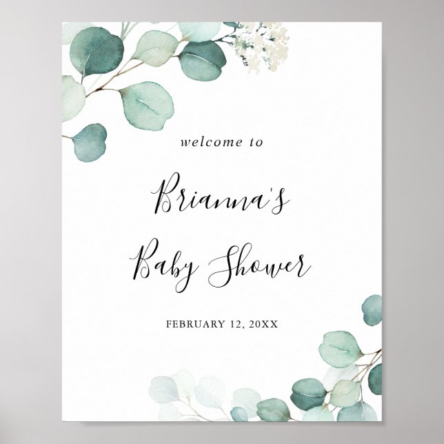 Summer Green Eucalyptus Leaf Baby Shower Welcome Poster (Front)