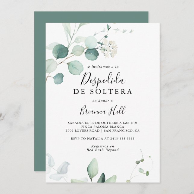 Summer Green Eucalyptus Spanish Bridal Shower Invitation (Front/Back)