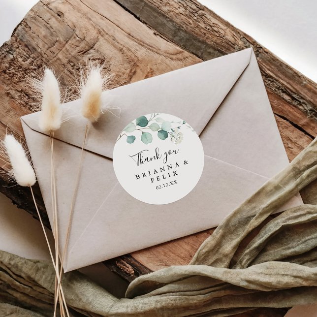 Summer Green Eucalyptus Thank You Wedding Favor Classic Round Sticker (Creator Uploaded)
