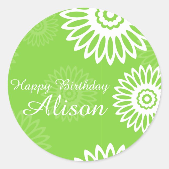 Summer Green flowers Happy Birthday Name sticker (Front)
