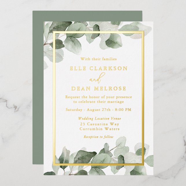 Summer Green Leaf Golden Wedding Gold Foil Invitation (Front/Back)