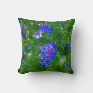 Summer Green Meadow and Blue Flowers Throw Pillow