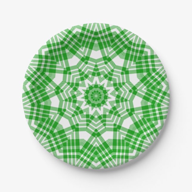 Summer Green n White Plaid Kaleidoscope Paper Plates (Front)