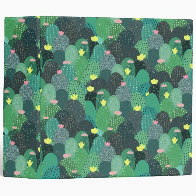 Summer Green Teal Cactus Gold dots Cute Design 3 Ring Binder (Front/Spine)