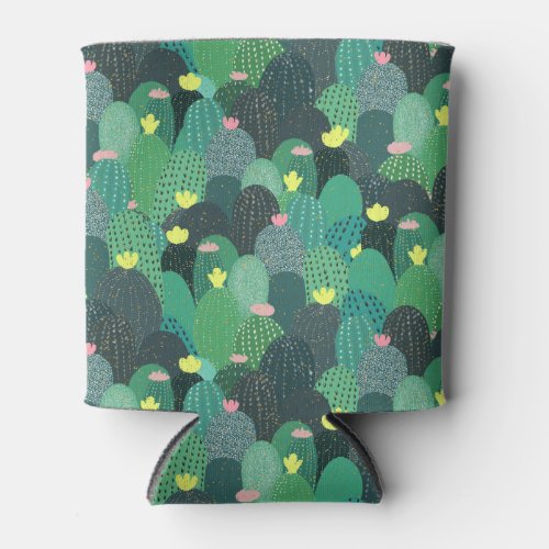 Summer Green Teal Cactus Gold dots Cute Design Can Cooler