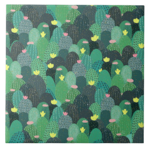 Summer Green Teal Cactus Gold dots Cute Design Ceramic Tile