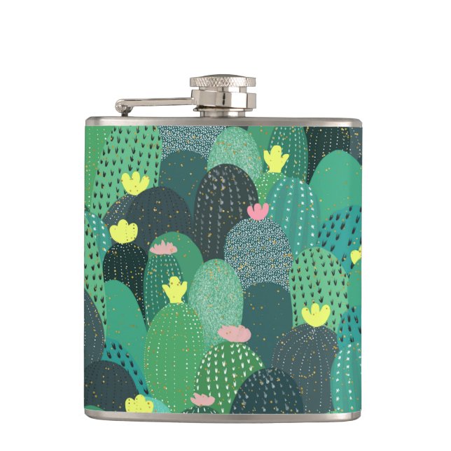 Summer Green Teal Cactus Gold dots Cute Design Flask (Front)