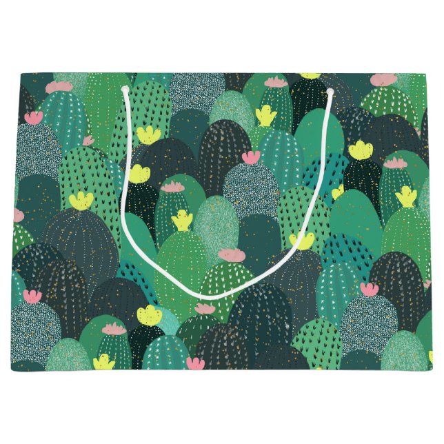 Summer Green Teal Cactus Gold dots Cute Design Large Gift Bag (Front)