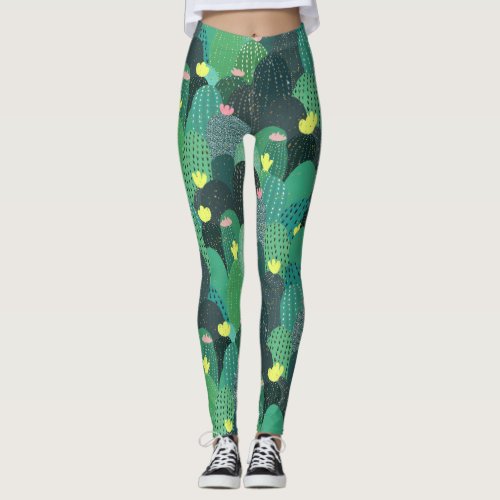 Summer Green Teal Cactus Gold dots Cute Design Leggings