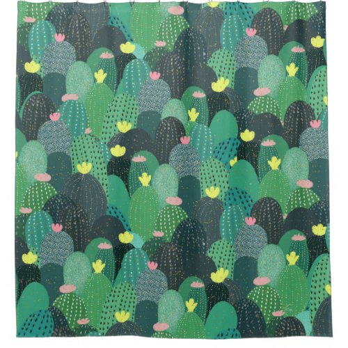 Summer Green Teal Cactus Gold dots Cute Design Shower Curtain