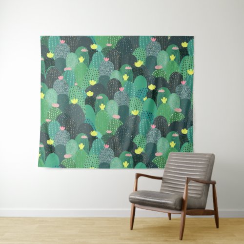 Summer Green Teal Cactus Gold dots Cute Design Tapestry