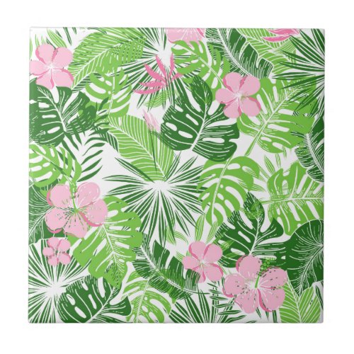 Summer Green Tropical Leaves Pink Floral Pattern Ceramic Tile