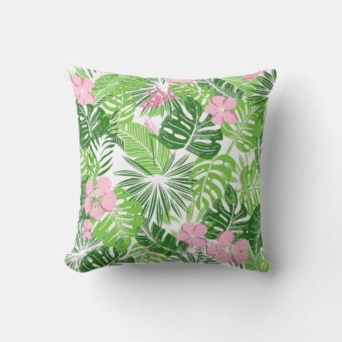 Summer Green Tropical Leaves Pink Floral Pattern Throw Pillow