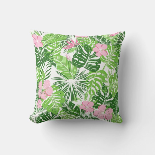 Summer Green Tropical Leaves Pink Floral Pattern Throw Pillow (Front)