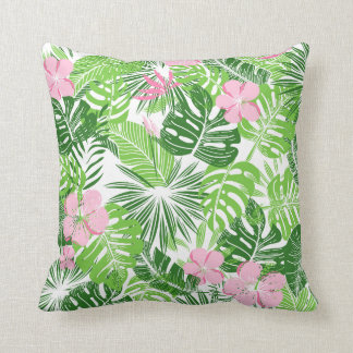 Summer Green Tropical Leaves Pink Floral Pattern Throw Pillow