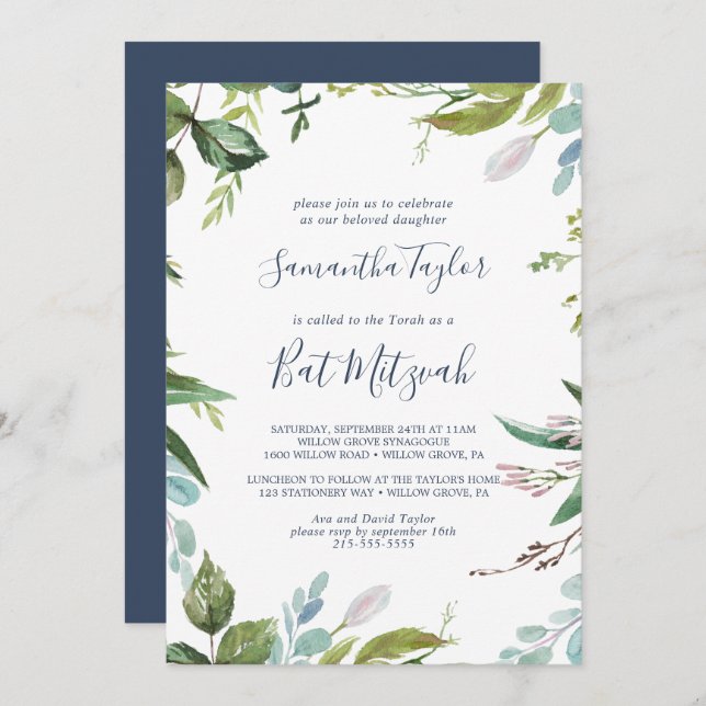 Summer Greenery Bat Mitzvah Invitation (Front/Back)