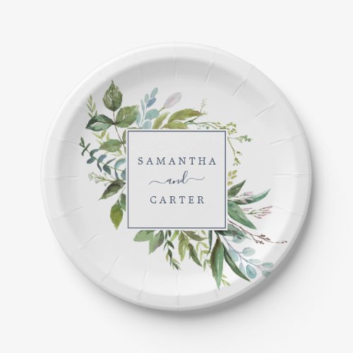 Summer Greenery Bride and Groom Wedding Paper Plates
