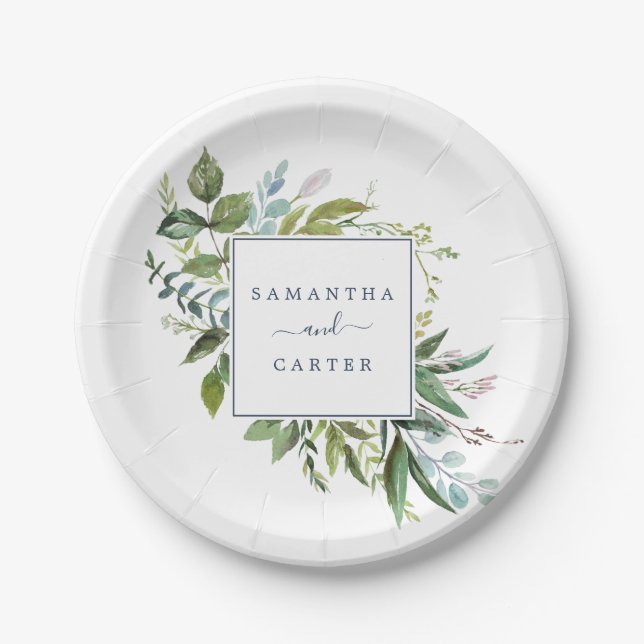 Summer Greenery Bride and Groom Wedding Paper Plates (Front)