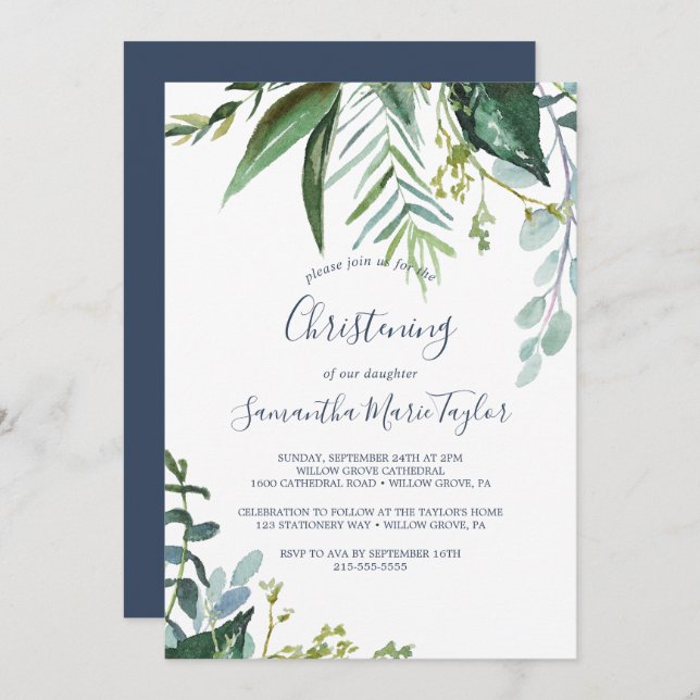 Summer Greenery Christening Invitation (Front/Back)