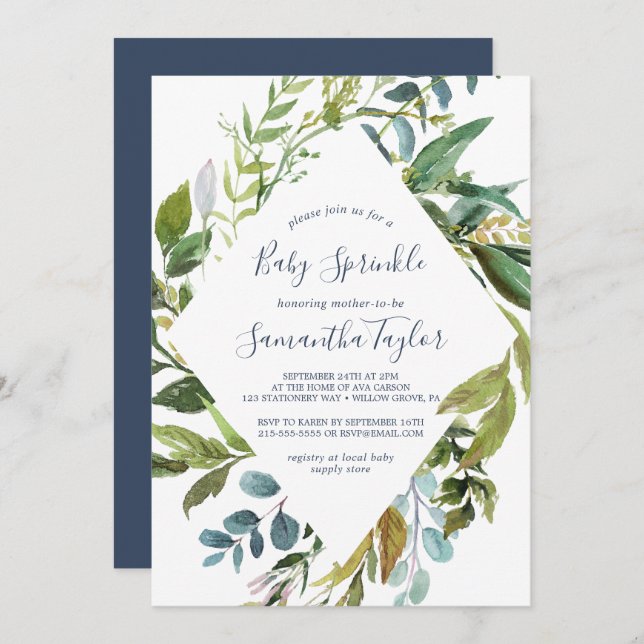 Summer Greenery Diamond Wreath Baby Sprinkle Invitation (Front/Back)