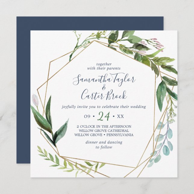 Summer Greenery Geometric Square Wedding Invitation (Front/Back)