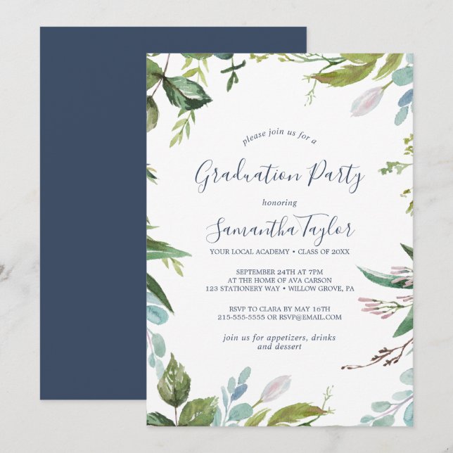 Summer Greenery Graduation Party Invitation (Front/Back)