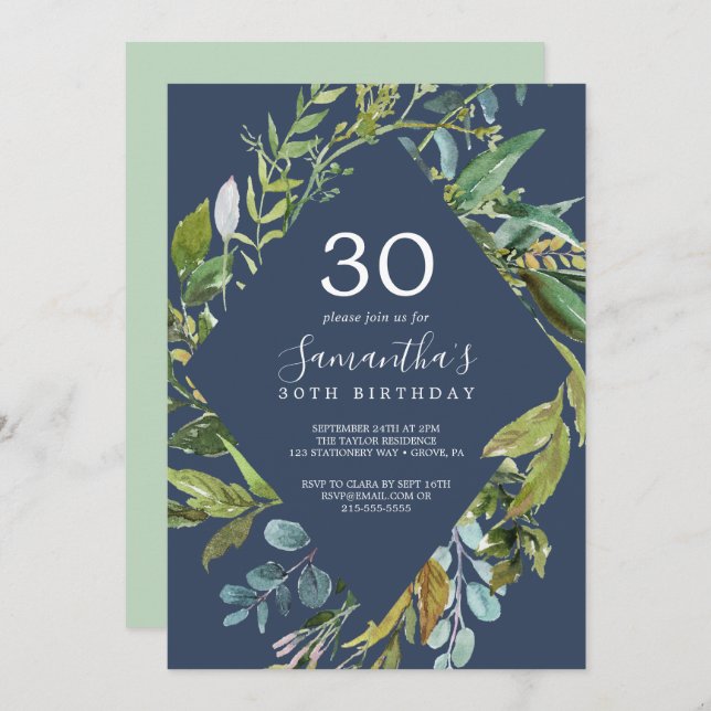 Summer Greenery Navy Diamond Wreath 30th Birthday Invitation (Front/Back)