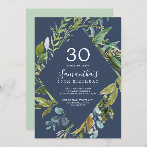 Summer Greenery Navy Diamond Wreath 30th Birthday Invitation