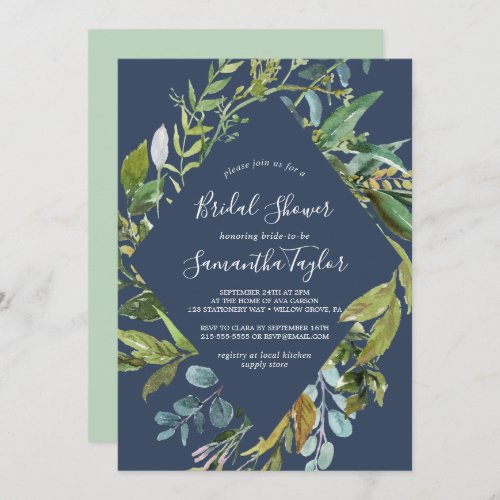 Summer Greenery Navy Diamond Wreath Bridal Shower Invitation