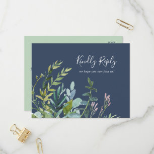 Summer Greenery Navy Menu Choice RSVP Postcard