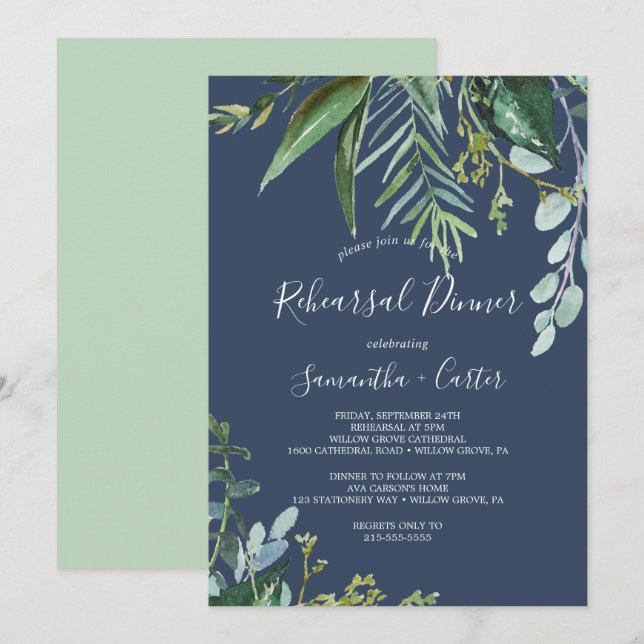 Summer Greenery | Navy Rehearsal Dinner Invitation (Front/Back)