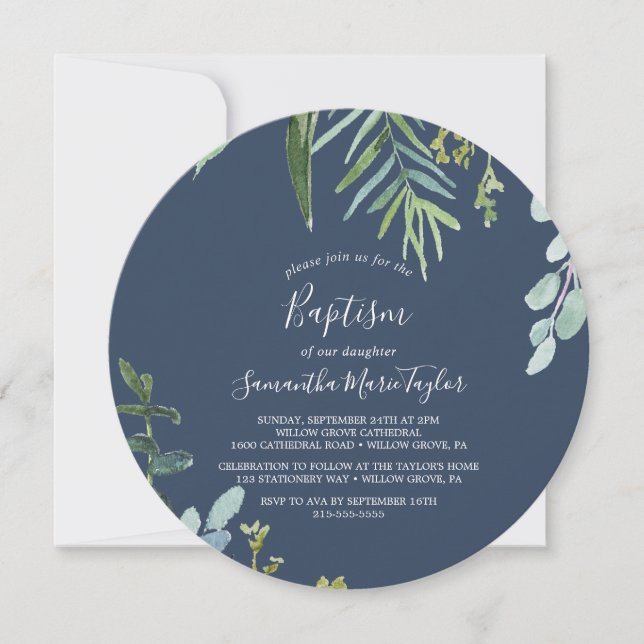 Summer Greenery Navy Round Baptism Invitation (Front)