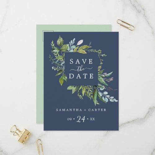 Summer Greenery  Navy Save the Date Postcard