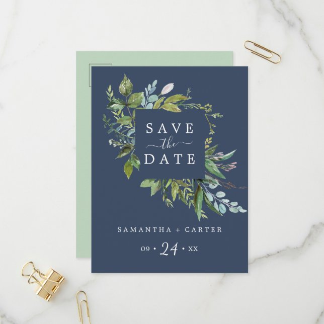 Summer Greenery | Navy Save the Date Postcard (Front/Back In Situ)