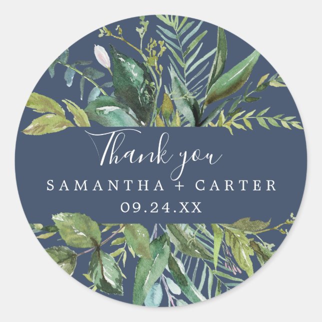 Summer Greenery | Navy Thank You Favor Sticker (Front)