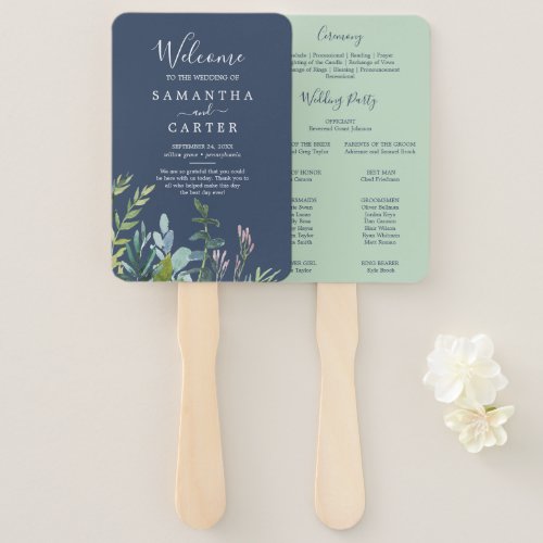 Summer Greenery Navy Wedding Program Fan