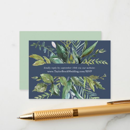 Summer Greenery  Navy Wedding Website RSVP Enclosure Card