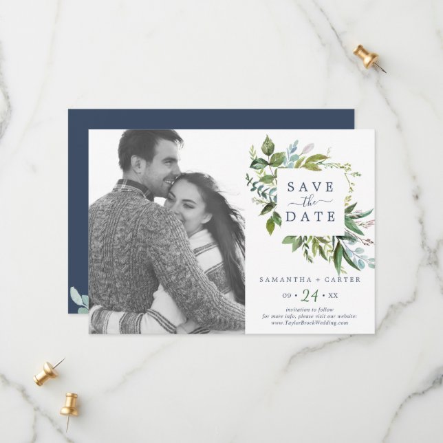 Summer Greenery Photo Save the Date Card (Front/Back In Situ)