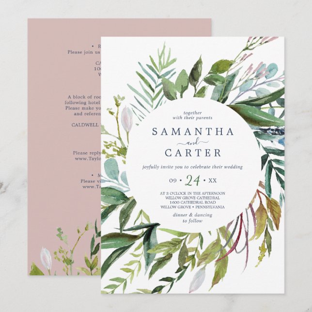 Summer Greenery Pink All In One Wedding Invitation (Front/Back)