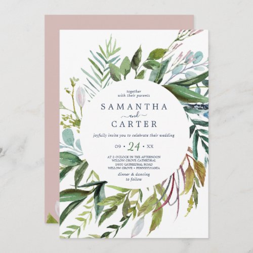 Summer Greenery Pink All In One Wedding Invitation