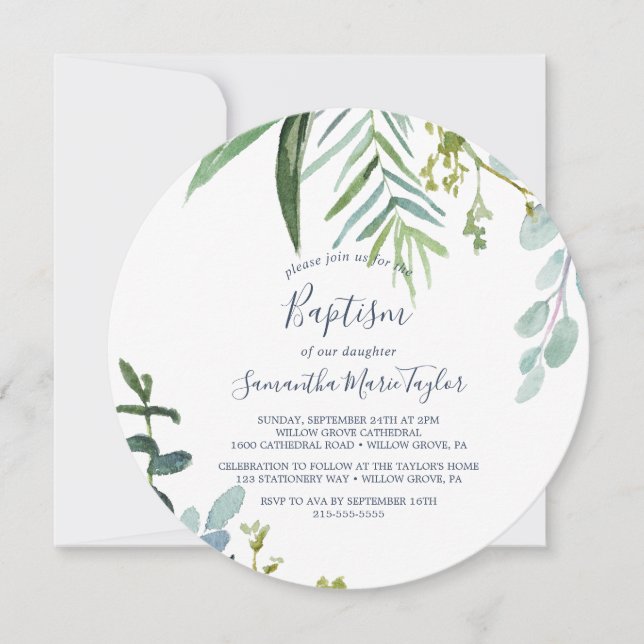 Summer Greenery Round Baptism Invitation (Front)