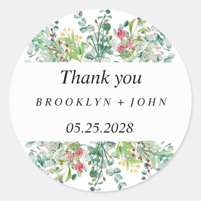 Summer Greenery Thank You Favor Classic Round Sticker (Front)