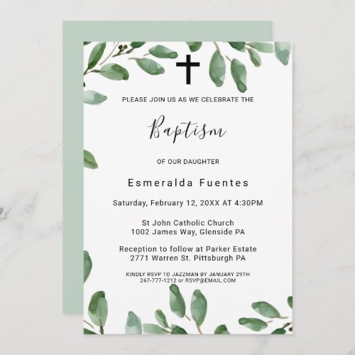 Summer Greenery Tropical Eucalyptus Cross Baptism Invitation