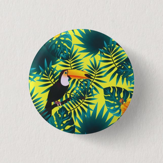 Summer Greenery Tropical Toucan Jungle Foliage  Button (Front)
