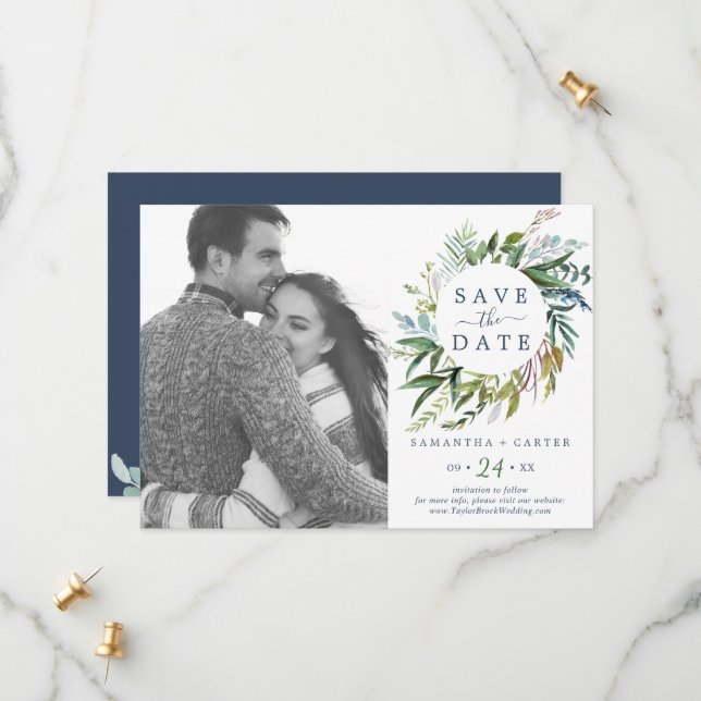 Summer Greenery Wreath Photo Save the Date Card (Front/Back In Situ)