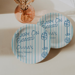 Summer Hand Drawn Blue Baby On Board Baby Shower Paper Plates